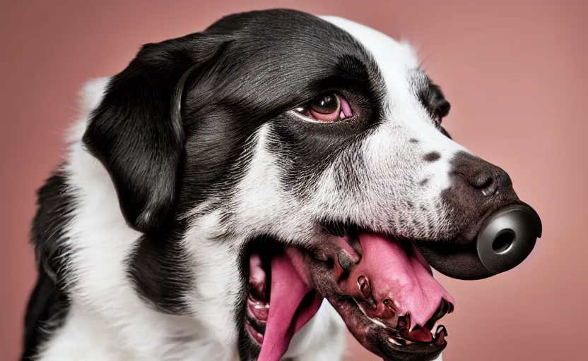 Prompt: studio photography of a dog licking his face with his tongue, detailed face, 8 k