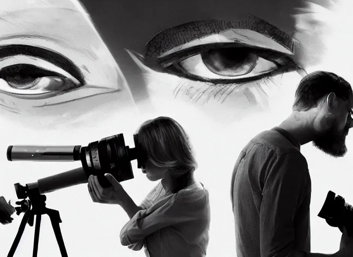 Prompt: cameras with eyes as lenses film a frightened couple embracing by Chad knight and Stanley Kubrick, sci-fi, reimagined by industrial light and magic