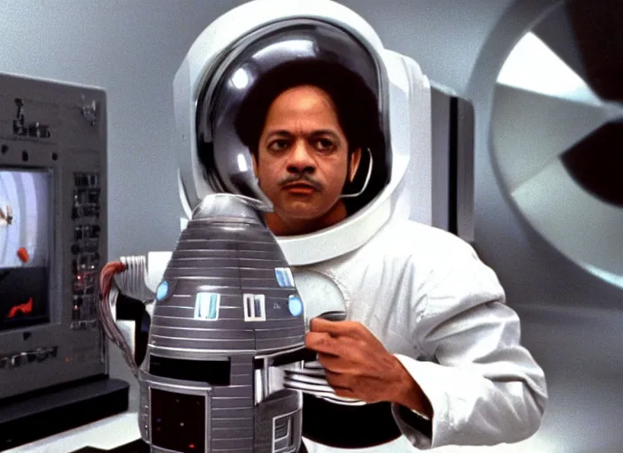 Prompt: film still of young old Cheech Marin with HAL 9000 computer in the background as Dr. Dave Bowman in 2001 A Space Odyssey