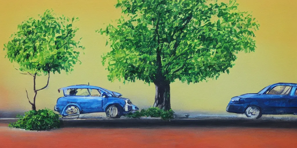 Prompt: simple painting of a tree growing from a car