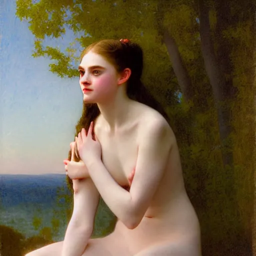 Image similar to Painting of Elle Fanning as Aurora. Art by william adolphe bouguereau. During golden hour. Extremely detailed. Beautiful. 4K. Award winning.