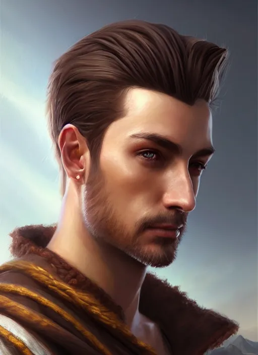 Prompt: a _ fantasy _ style _ portrait _ painting _ of wizard male, medium dark blonde pulled back and blonde stubble, brown eyes, rpg dnd oil _ painting _ unreal _ 5 _ daz. _ rpg _ portrait _ extremely _ detailed _ artgerm _ greg _ rutkowski _ greg