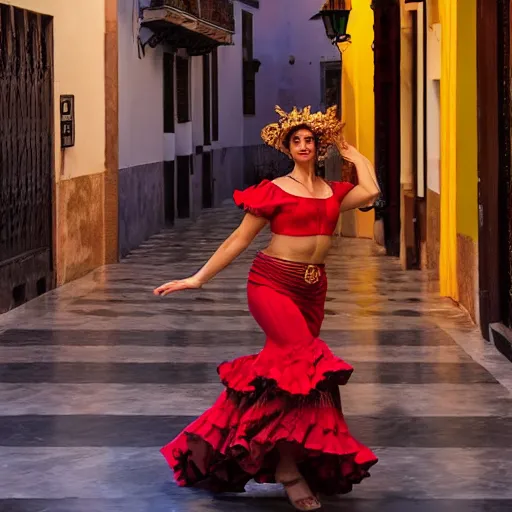 Image similar to Absolutely gorgeous greek god of enchantment dancing flamenco in Sevilla, cinematic lighting, high quality 8k hd, oil on canvas, hyperralistic art