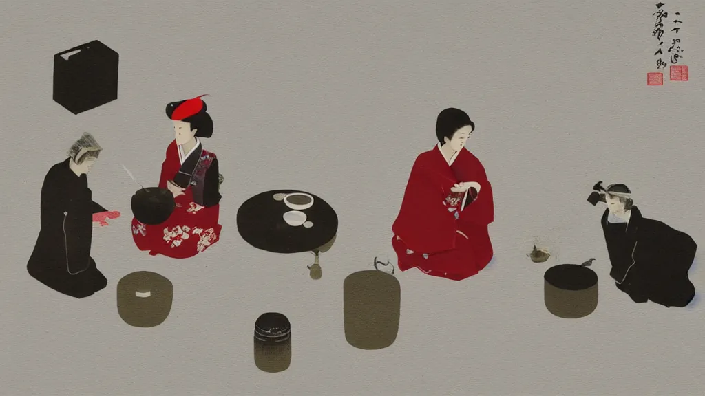 Image similar to a small tea ceremony, japan, a collage painting, in the style of wes anderson, lola dupre, david hockney, isolated on negative white space background dark monochrome neon spraypaint accents volumetric octane render