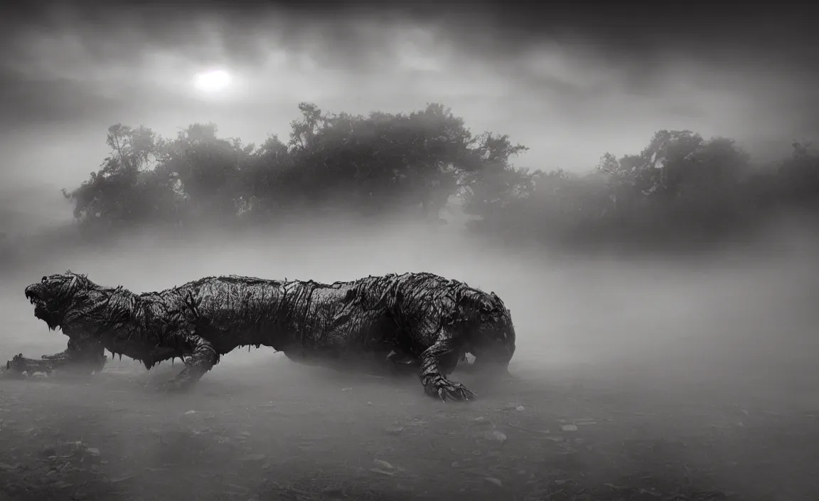 Prompt: Huge monster crawling from the dust, dark clouds and shadows of mists of the lake at night, dynamic dramatic shot, cinematic angle, 8k quality, award winning photograph.