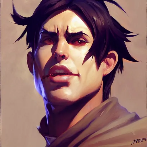 Image similar to greg manchess portrait painting of eren jager as overwatch character, medium shot, asymmetrical, profile picture, organic painting, sunny day, matte painting, bold shapes, hard edges, street art, trending on artstation, by huang guangjian and gil elvgren and sachin teng