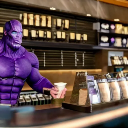 Image similar to a film still of thanos working as a starbucks barista in an upcoming movie, 4 k