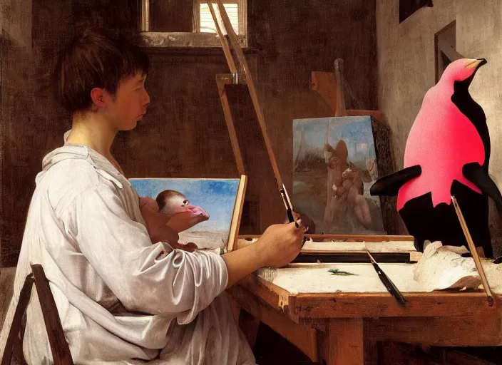 Image similar to a young painter in his studio painting a picture of a pink penguin, by edgar maxence and caravaggio and michael whelan and delacroix style, artistic, intricate drawing, cinematic lighting, hyper realistic, extremely detailed, establishing shot, 8 k resolution, dramatic lighting