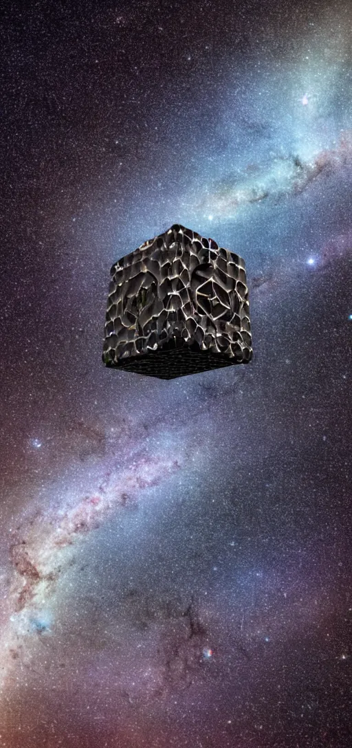 Image similar to an 8 k hi res cinematic 8 0 mm macro up close photo of the all seeing all knowing tessaract hyper cube at the center of the milky way galaxy nasa jwst andromeda witch