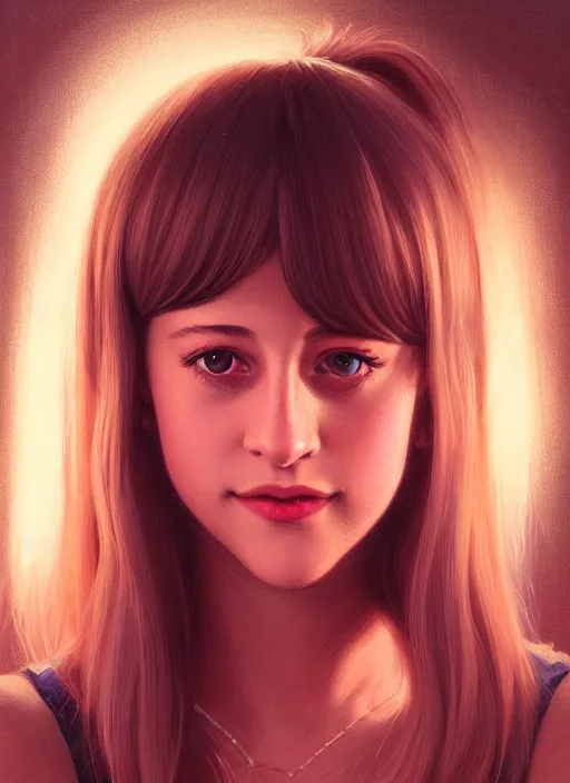 Image similar to portrait of teenage lili reinhart with bangs, smiling kindly, bangs, 1 9 6 0 s, ponytail, bangs and ponytail, intricate, elegant, glowing lights, highly detailed, digital painting, artstation, concept art, smooth, sharp focus, illustration, art by wlop, mars ravelo and greg rutkowski