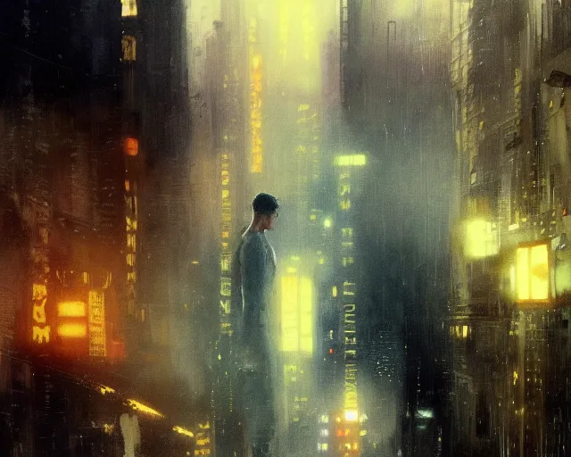 Image similar to 2 0 1 8 blade runner movie young man very young clint eastwood in his youth look at the cityscape from roof perfect face fine realistic face pretty face reflective polymer suit tight neon puffy jacket blue futuristic sci - fi elegant by denis villeneuve tom anders zorn hans dragan bibin thoma greg rutkowski ismail inceoglu illustrated sand storm alphonse mucha