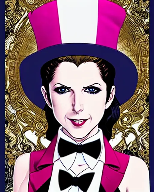 Image similar to beautiful Anna Kendrick Zatanna DC Comics floating on stage, wearing a top hat, symmetrical face symmetrical eyes, smiling, fantasy, intricate details, atmospheric, art by eiichiro oda, Joshua Middleton art