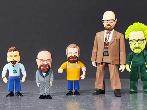 Image similar to a breaking bad action figure set with Saul Goodman, Walter white, and Jesse pinkman