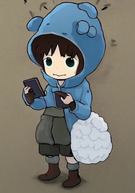 Prompt: little boy wearing sheep suit using a smartphone, gray, blue, green and brown pallet color. made in abyss art style, inspired in kris from deltarrune, cute detailed artwork, anatomically correct