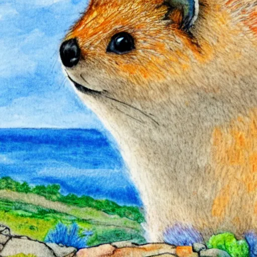 Image similar to detailed illustration, a happy quokka on rotttnest island in the style of may gibbs, layered composition, layers, texture, textured, layered, sculpted, dynamic, 🦋,