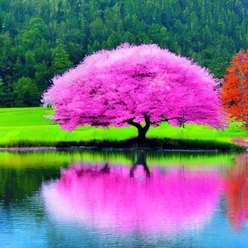 Prompt: Pink tree beside a large lake, landscape in the style of the lego movie