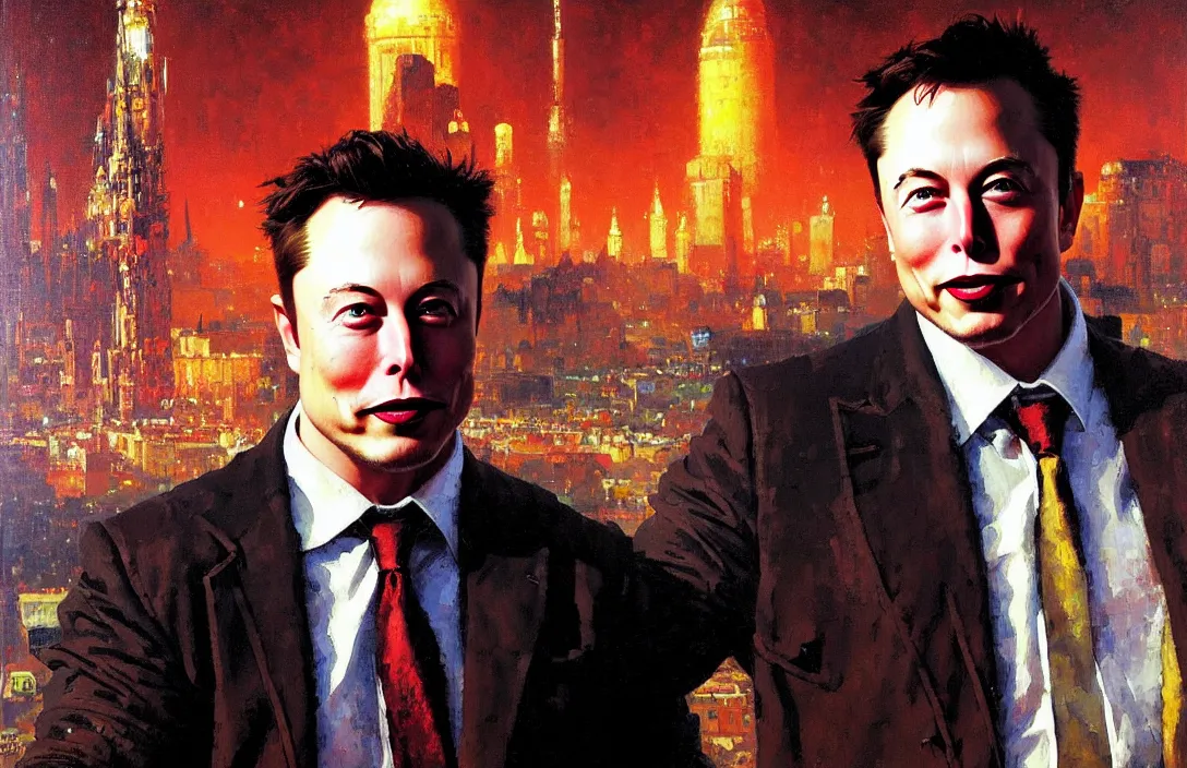 Image similar to portrait of elon musk!!!!!!!!!!!!!!!!!!!!!!!!!!!, detailed face, detailed painting, detailed city background, epic lighting, by ilya repin and phil hale