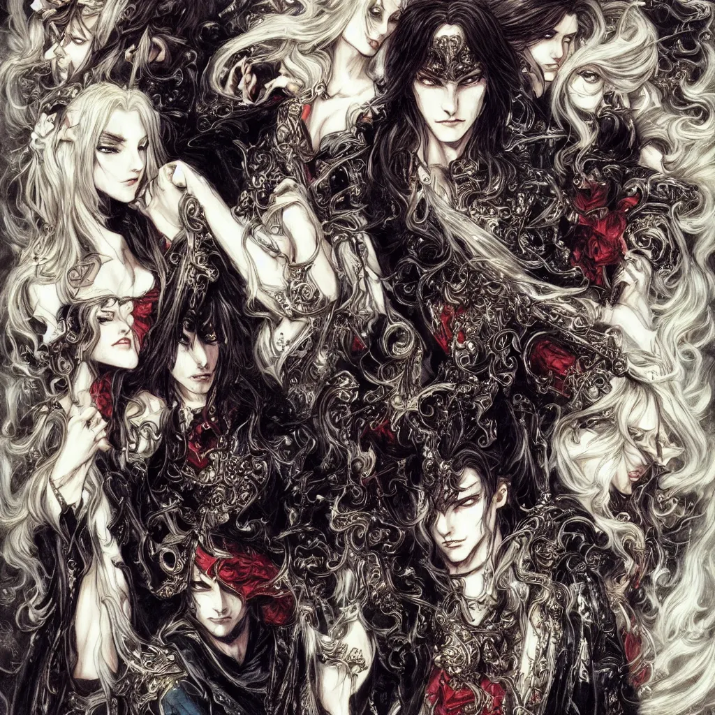 Image similar to elegant vampires, long hair, baroque, fancy clothing, striking beauty, extremely detailed, castlevania, concept art by ayami kojima