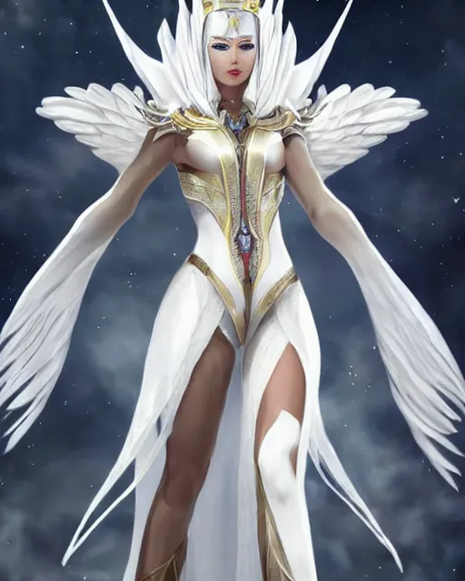 Image similar to perfect white haired egyptian queen wearing white dove wings, warframe armor, regal, attractive, ornate, sultry, beautiful, dreamy, half asian, pretty face, blue eyes, detailed, scifi platform, 4 k, ultra realistic, epic lighting, android body, illuminated, cinematic, masterpiece, art by akihito tsukushi, voidstar, artgerm