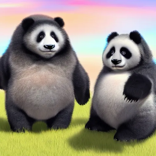 Image similar to cute colorful fluffy long haired fat baby panda creatures with detailed gradient fur, in the style of maurice sendak, detailed high quality realistic 3 d render unreal engine, 4 k