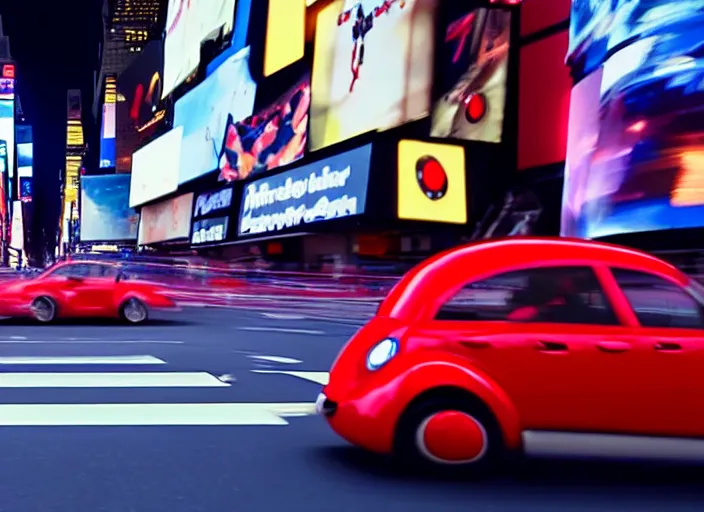 Prompt: film still of a giant ladybug driving a car through time square in a sci - fi movie, 8 k