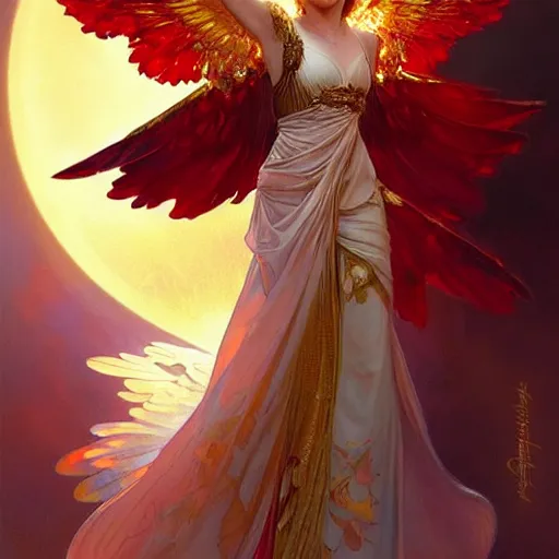 Image similar to a beautiful orchid phoenix angel woman, in an ornamented dress with large wings, rubies, volumetric light, god rays, highly detailed painting by greg rutkowski, artgerm, alphonse mucha