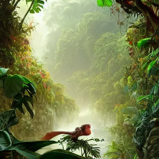 Image similar to a beautiful jungle landscape bordered by vines, flowers, tropical birds, monkey, snake, river with stunning water, d & d, fantasy, intricate, elegant, highly detailed, digital painting, artstation, concept art, matte, sharp focus, illustration, art by artgerm and greg rutkowski and alphonse mucha