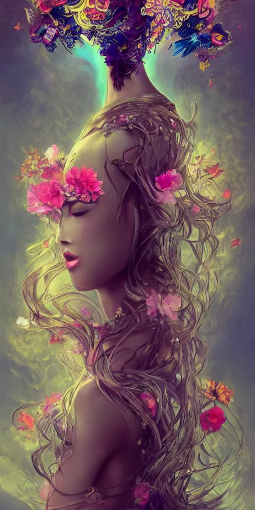 Prompt: sexy, beautiful, young woman, eden, intense eyes, tears running down, crying, vaporwave aesthetic, synthwave, colorful, psychedelic, crown, long gown, flowers, bees, butterflies, ribbons, ornate, intricate, digital painting, artstation, concept art, smooth, sharp focus, illustration, art by artgerm and greg rutkowski and alphonse mucha
