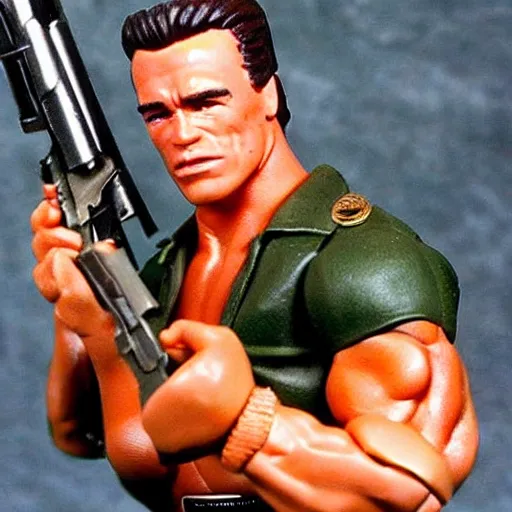 Image similar to a 12 inch action figure of Arnold Schwarzenegger from Commando. Big muscles. Holding an automatic rifle in his hands. Plastic shiny. Full body feet and head