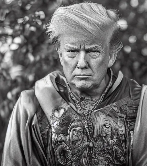 Image similar to award winning 5 5 mm close up portrait color photo of trump as songoku, in a park by luis royo. soft light. sony a 7 r iv