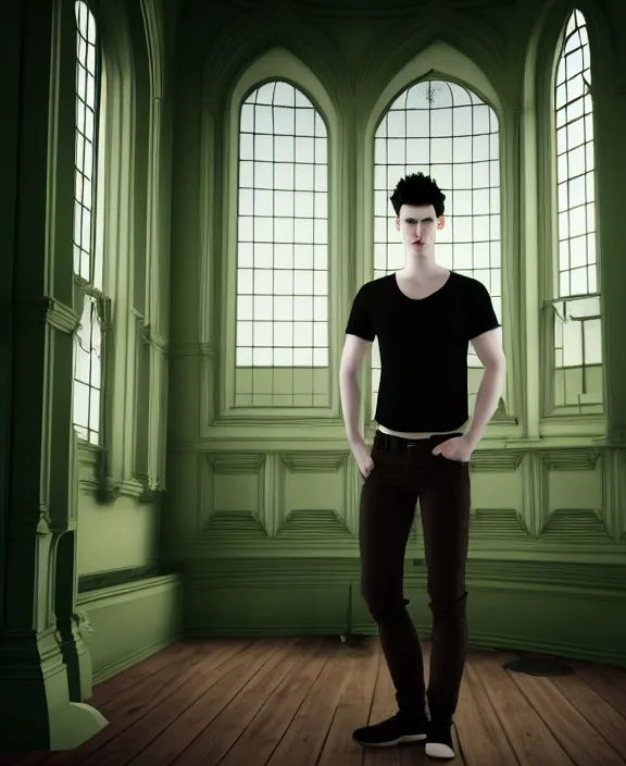 Image similar to androgynous male with black short hair and pale skin is standing in front of a mirror surrounded by victorian interior in a room with tall windows and moos green flooring. by leonardo da vinci, volumetric lighting, petspective room layout