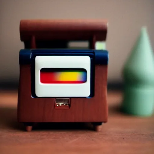 Prompt: polaroid of a cute toy computer made from wood and thread