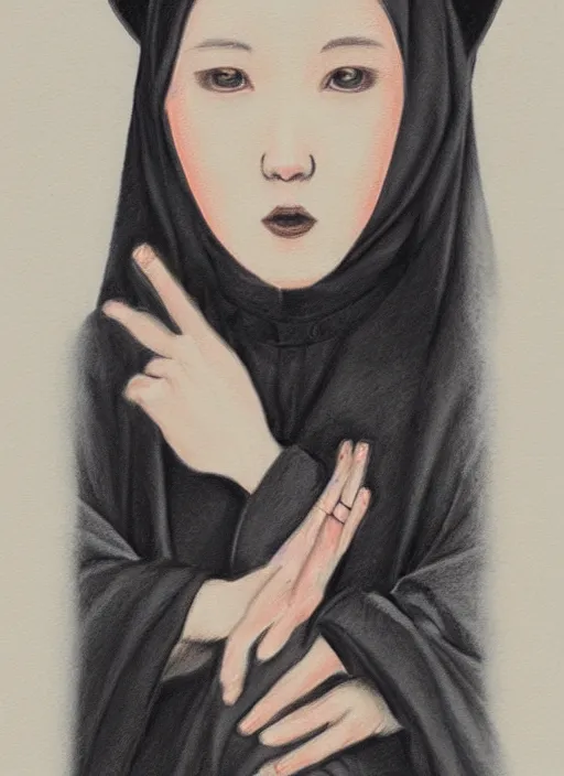 Prompt: a painting of a nun holding her hands together, a color pencil sketch by lu ji, featured on artstation, gothic art, anime aesthetic, art on instagram, gothic