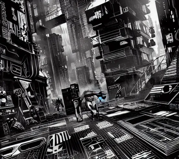 Image similar to a black and white illustration of a cyberpunk epic Friday night firefight in the style of M.C. Escher, Night City, cyberpunk 2077, 1979 OMNI Magazine Cover, impossible geometry, coherent, street level neo-Tokyo in Cyberpunk 2045, 4k, 8k, HD, trending on artstation