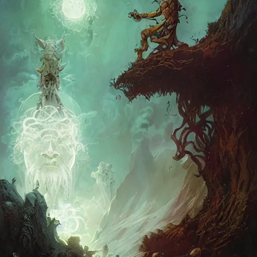 Image similar to a druid at the beginning of the world by alan lee and peter mohrbacher and frank frazetta and mike mignola