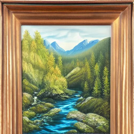 Image similar to A photorealistic painting of a landscape, with mountains, forests, and a river winding through it, in natural colors.