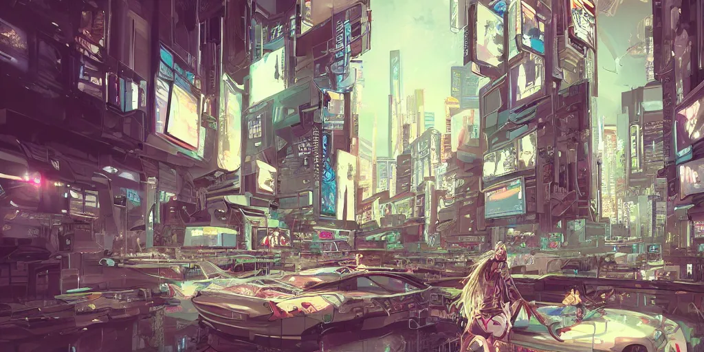 Image similar to girl creates something great, illustration, reality, cyberpunk, wide shot, light colors, highly detailed, sharp focus