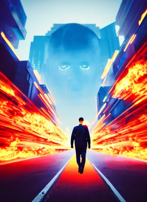 Prompt: portrait of a man with head of flames, walks happily down the street in a futuristic cyberpunk city, the sky is a turquoise blue with beautiful white fluffy clouds, hyper realism volumetric lighting