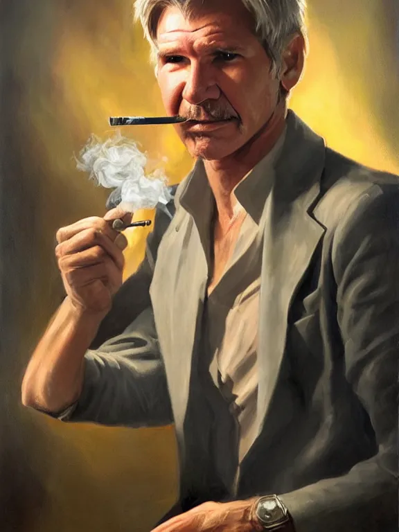 Prompt: portrait of harrison ford smoking a joint, in a style blend of whelan and leyendecker and rockwell, oil painting, volumetric lighting, intricate details