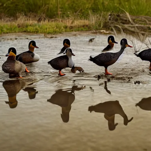 Image similar to many ducks running out of a barn at high speed realistic photograph