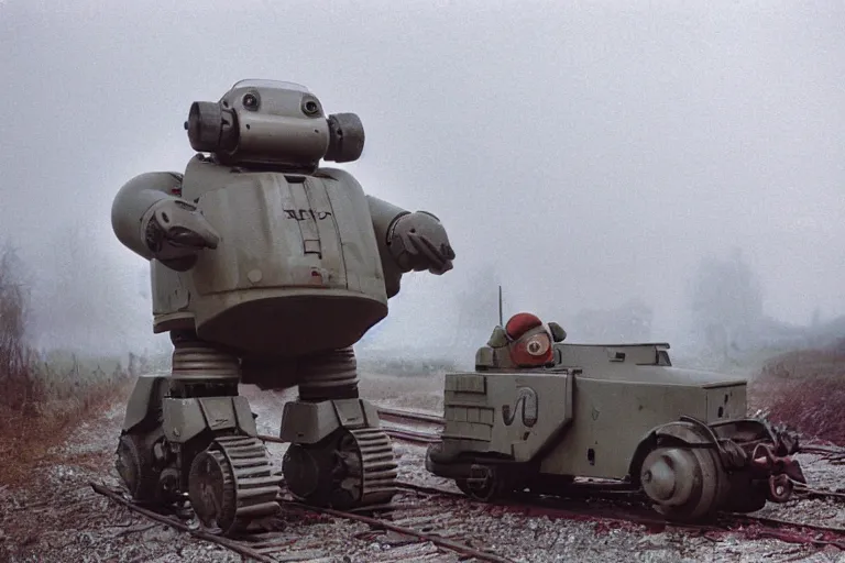 Prompt: giant oversized chubby bulky armored train Dachshund dog robot mech, with big pug head , rocket launcher , on a village , Cinematic focus, fujicolor photo, vintage, neutral colors, soft lights, foggy, panorama by by Serov Valentin, by lisa yuskavage, by Andrei Tarkovsky