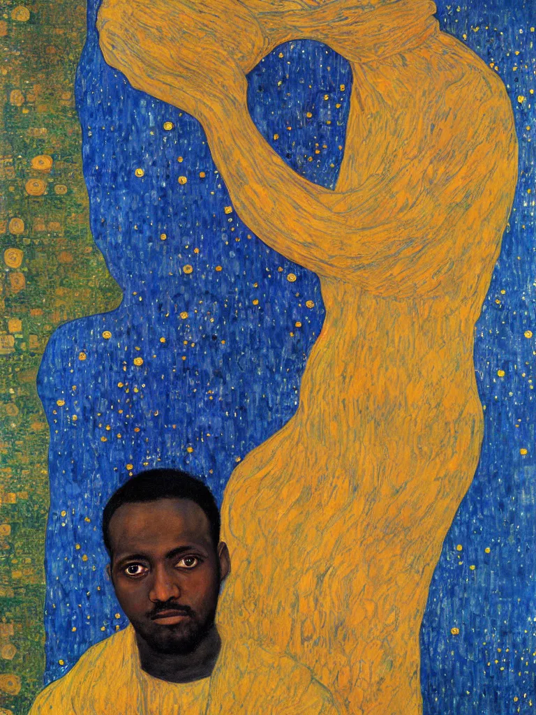 Prompt: a beautiful portrait painting of mahad magandi in front of the whole world united in the art style of Gustav Klimt, impasto oil painting, blue and golden color scheme