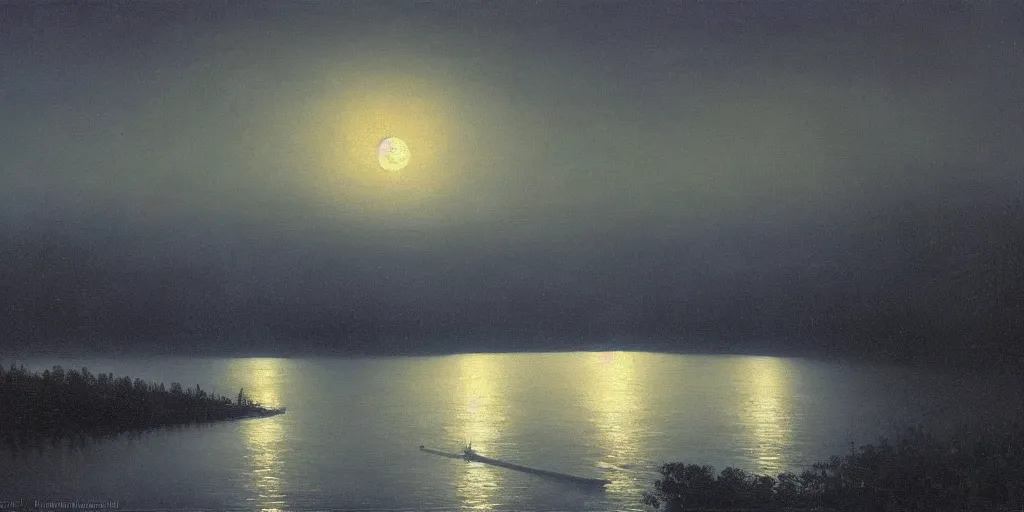 Image similar to awe inspiring arkhip kuindzhi landscape, hyperrealistic oil painting, moonlight over a river, 4 k, matte