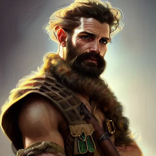 Image similar to Portrait of rugged male ranger, D&D, amber eyes, face, long hair, muscular, fantasy, intricate, elegant, highly detailed, digital painting, artstation, concept art, smooth, sharp focus, illustration, art by artgerm and greg rutkowski and alphonse mucha