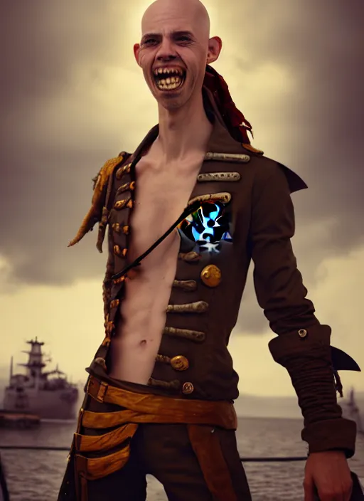 Image similar to An epic fantasy comic book style portrait painting of a skinny white bald sky-pirate with a goofy expression sitting in front of a ship's cannon, unreal 5, DAZ, hyperrealistic, octane render, cosplay, RPG portrait, dynamic lighting