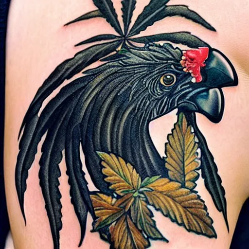 Image similar to adorable black rooster with a cannabis leaf tattoo design