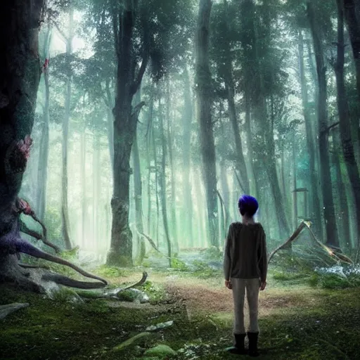 Prompt: stranger in futuristic spiritual mystical post apocalyptic forest, studio ghibli, beautiful, crisp
