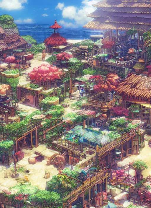 Prompt: Fantasy tropical port town. hidari, color page, tankoban, 4K, tone mapping, Akihiko Yoshida.