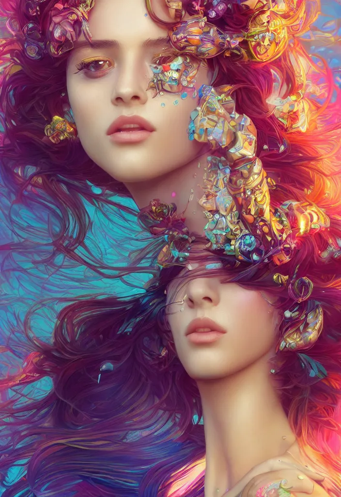 Image similar to beautiful, young woman, detailed gorgeous face, vaporwave aesthetic, synthwave, colorful, psychedelic, water droplets, feathers, crown, artstation, concept art, smooth, extremely sharp detail, finely tuned detail, ultra high definition, 8 k, unreal engine 5, ultra sharp focus, illustration, art by artgerm and greg rutkowski and alphonse mucha