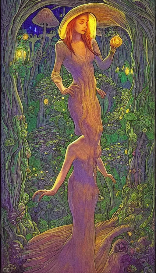 Prompt: mushroom girl, beautiful, stunning, breathtaking, mirrors, glass, magic circle, magic doorway, fantasy, mist, bioluminescence, hyper - realistic, unreal engine, by ivan bilibin,